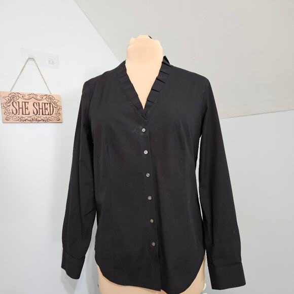 Talbots Black Wrinkle Resistant Cotton Pintuck  Button Front Top 12 Minimal - Picture 1 of 10